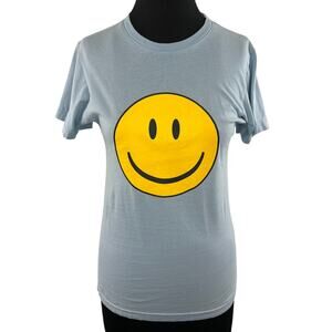 UNSTOPPABLE Women Yellow Smiley Face Graphic Short Sleeve Crew Tee Blue Small S
